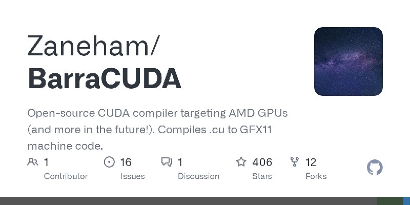 BarraCUDA 开源编译器发布，初步实现 CUDA 代码在 AMD GPU 原生运行开发者 Zaneham 近日发布开源编译器项目 BarraCUDA
