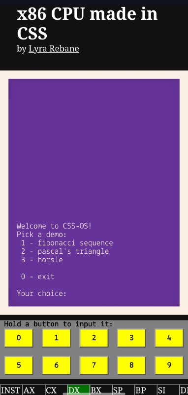 太猎奇了 CSS 写的 x86 模拟器x86CSS is a working CSS-only x86 CPU/emulator/computer. Yes, the Cascading Style Sheets CSS. No JavaScript required.