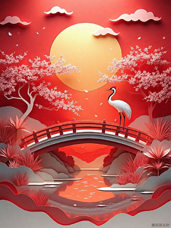 微信里的元宝调用腾讯混元AI生成的😂Prompt:生成红包封面，符合以下要求：A serene Japanese garden at sunset, featuring a traditional wooden bridge over a tranquil koi pond, surrounded by vibrant cherry blossom trees in full bloom, with soft pink petals gently falling to the ground, and a lone heron standing gracefully by the water's edge. The scene should have a dreamy, ethereal quality with warm golden light and a slight mist in the air, rendered in ultra-high detail with realistic textures and natural colors.（如果不加生成红包封面的需求，它似乎会拒绝创作图片…）
